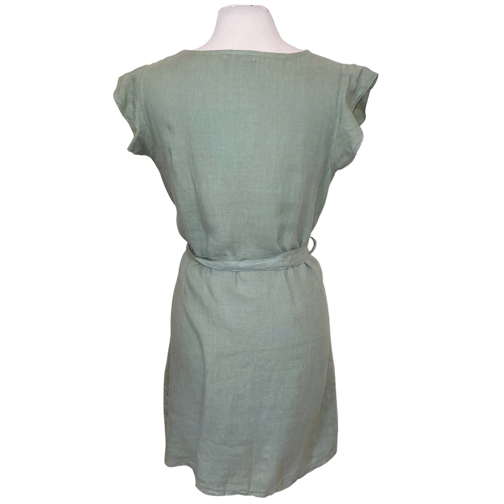 Terzo Millennio of Italy Sage Green 100% Linen Belted Flutter Sleeve Sundress M - Picture 3 of 7